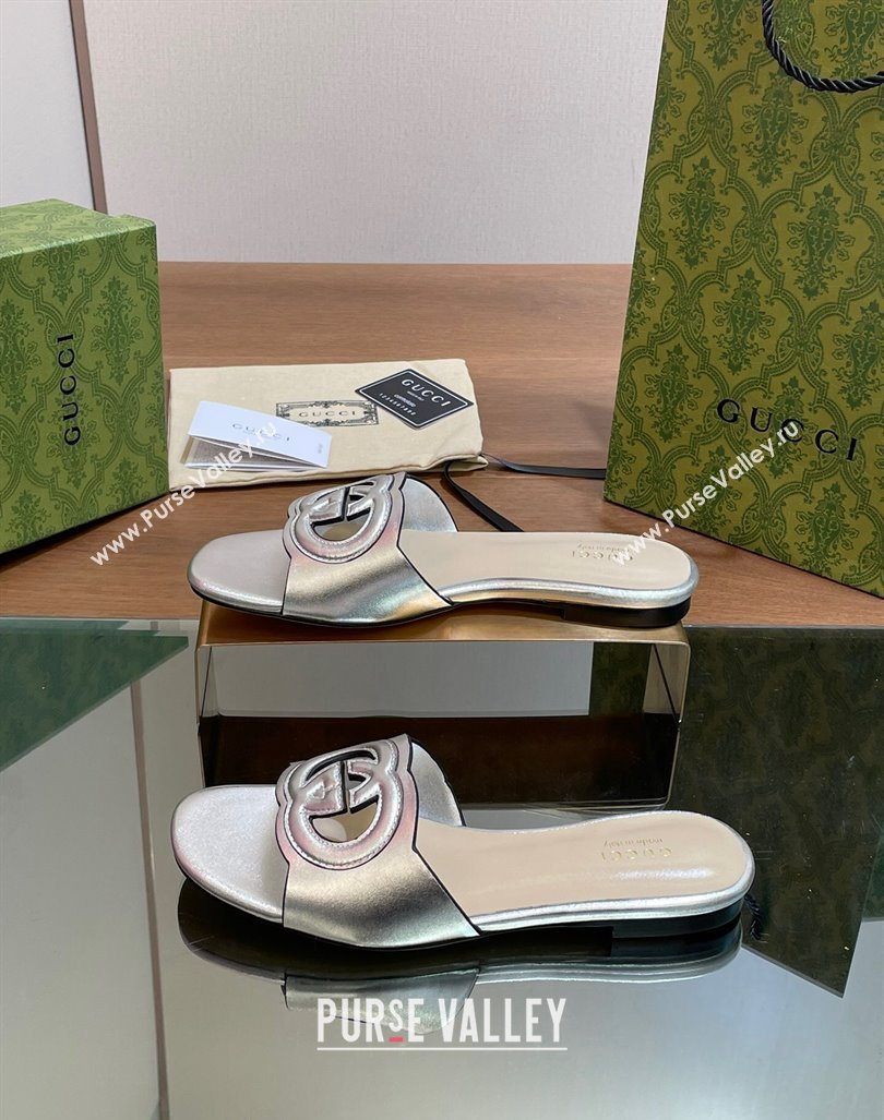 Gucci Cutout Interlocking G Flat Slides Sandals Silver 2024 0605 (MD-240605128)