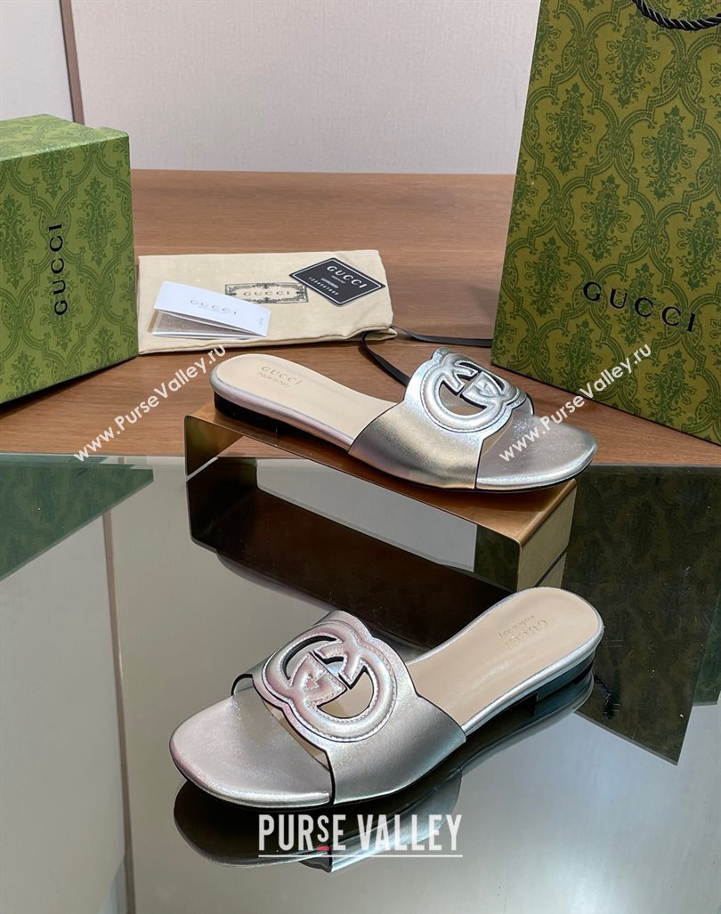 Gucci Cutout Interlocking G Flat Slides Sandals Silver 2024 0605 (MD-240605128)