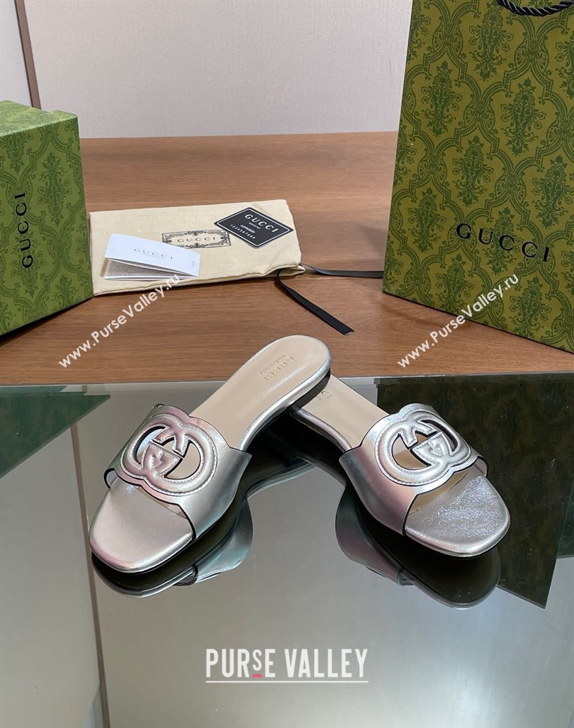 Gucci Cutout Interlocking G Flat Slides Sandals Silver 2024 0605 (MD-240605128)