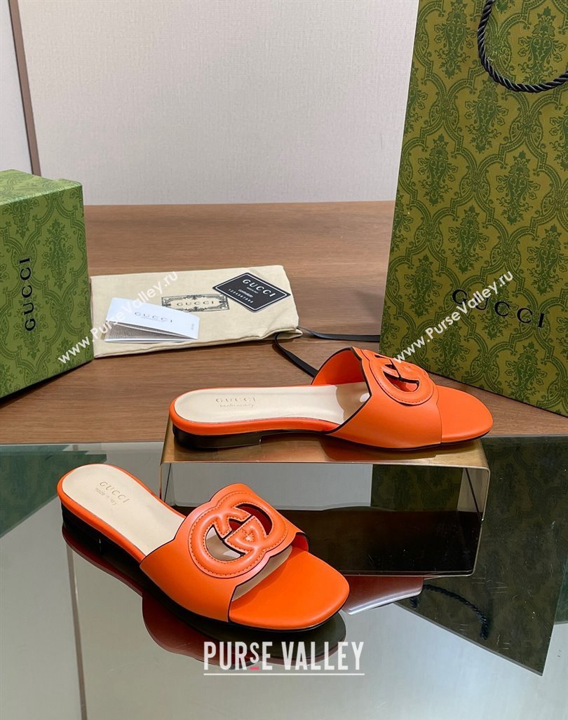 Gucci Cutout Interlocking G Flat Slides Sandals Orange 2024 0605 (MD-240605130)