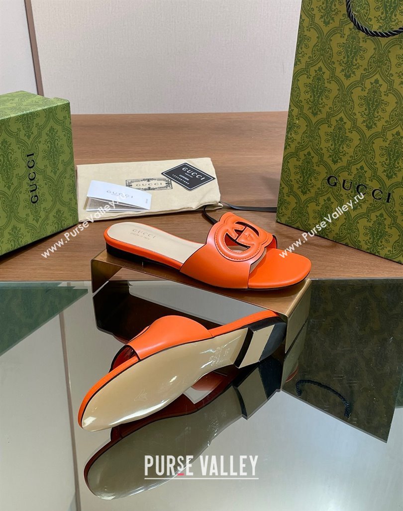 Gucci Cutout Interlocking G Flat Slides Sandals Orange 2024 0605 (MD-240605130)