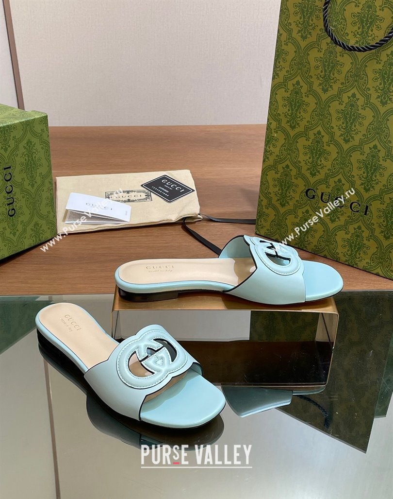 Gucci Cutout Interlocking G Flat Slides Sandals Light Blue 2024 0605 (MD-240605131)