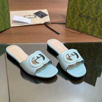 Gucci Cutout Interlocking G Flat Slides Sandals Light Blue 2024 0605 (MD-240605131)