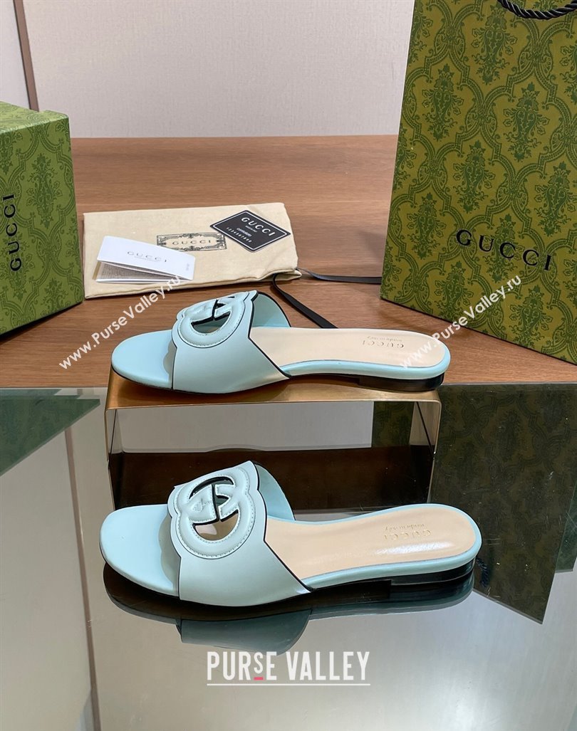 Gucci Cutout Interlocking G Flat Slides Sandals Light Blue 2024 0605 (MD-240605131)