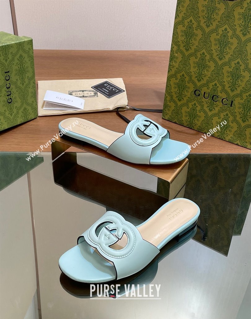 Gucci Cutout Interlocking G Flat Slides Sandals Light Blue 2024 0605 (MD-240605131)