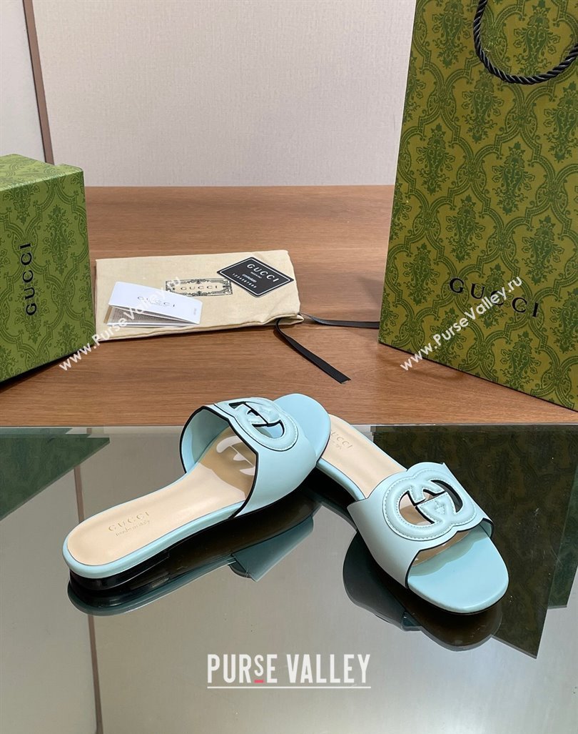 Gucci Cutout Interlocking G Flat Slides Sandals Light Blue 2024 0605 (MD-240605131)