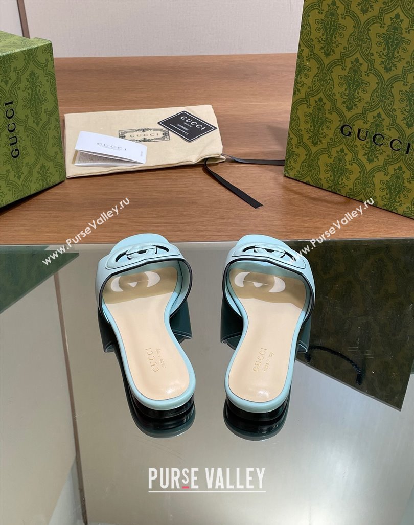 Gucci Cutout Interlocking G Flat Slides Sandals Light Blue 2024 0605 (MD-240605131)