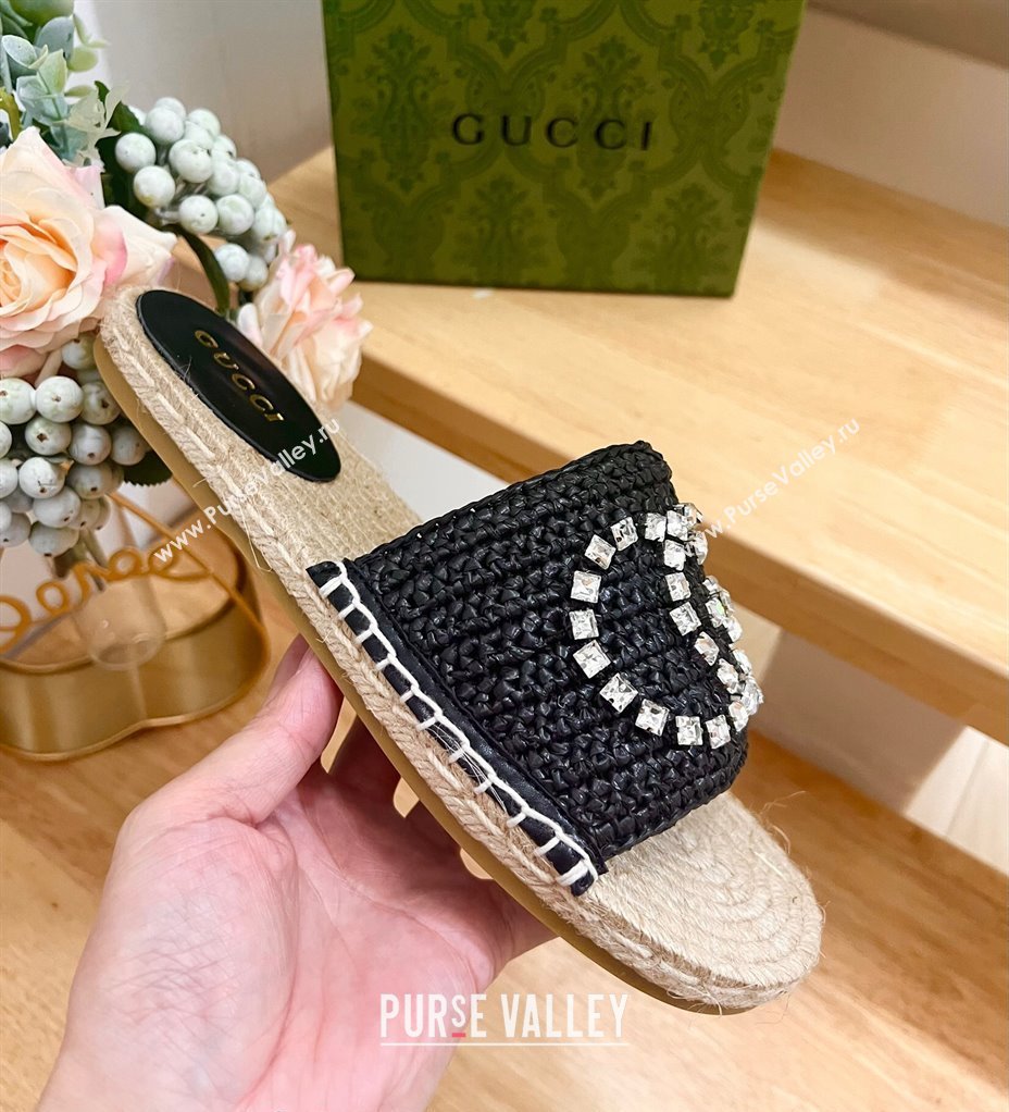 Gucci Strass Interlocking G Espadrille Flat Slides Sandal Black 2024 780589 (HB-240605092)