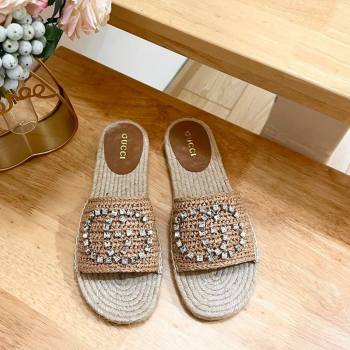 Gucci Strass Interlocking G Espadrille Flat Slides Sandal Dark Beige 2024 780589 (HB-240605093)