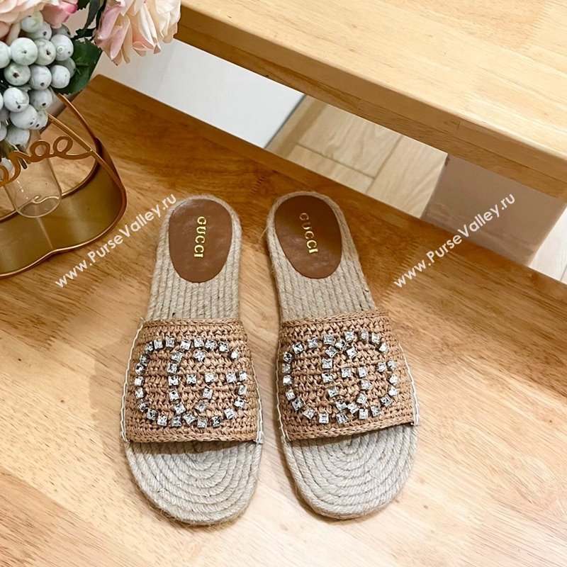 Gucci Strass Interlocking G Espadrille Flat Slides Sandal Dark Beige 2024 780589 (HB-240605093)