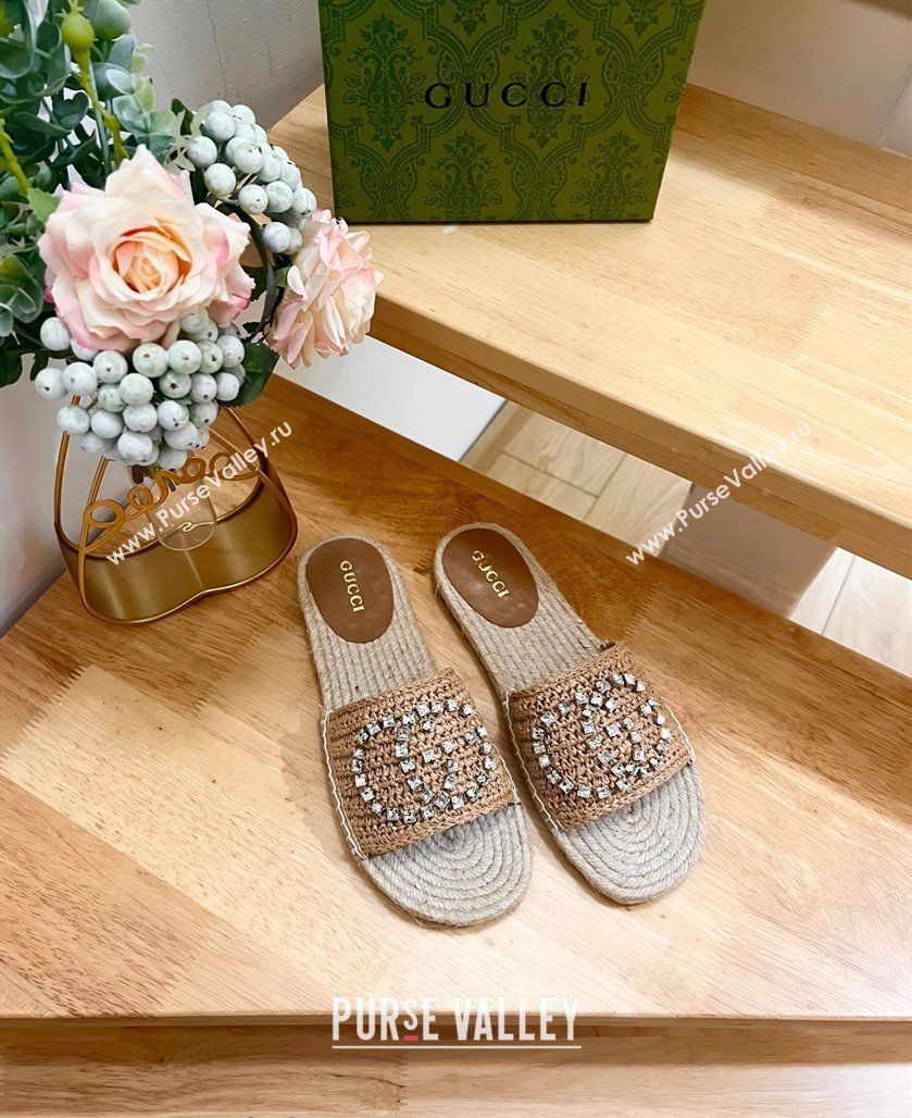 Gucci Strass Interlocking G Espadrille Flat Slides Sandal Dark Beige 2024 780589 (HB-240605093)