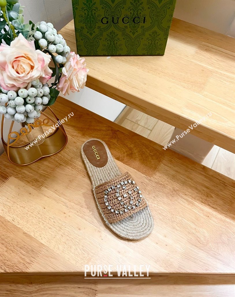 Gucci Strass Interlocking G Espadrille Flat Slides Sandal Dark Beige 2024 780589 (HB-240605093)