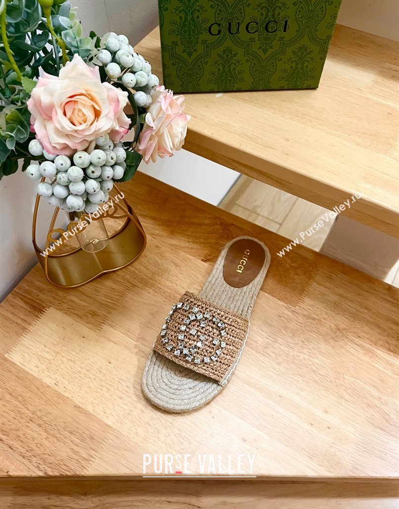 Gucci Strass Interlocking G Espadrille Flat Slides Sandal Dark Beige 2024 780589 (HB-240605093)