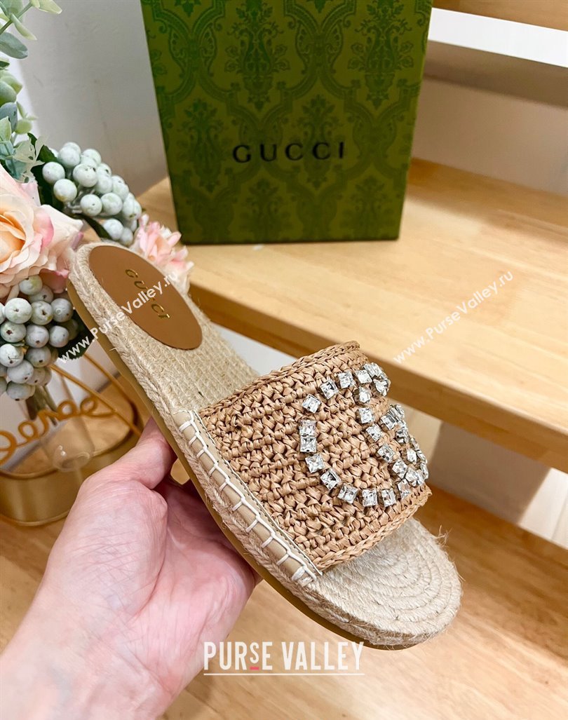 Gucci Strass Interlocking G Espadrille Flat Slides Sandal Dark Beige 2024 780589 (HB-240605093)