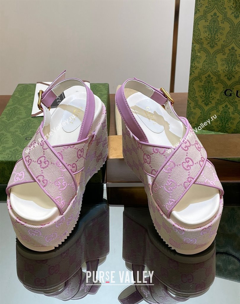 Gucci GG Denim Platform Wedge Sandals 12cm Purple 2024 0605 (MD-240605142)