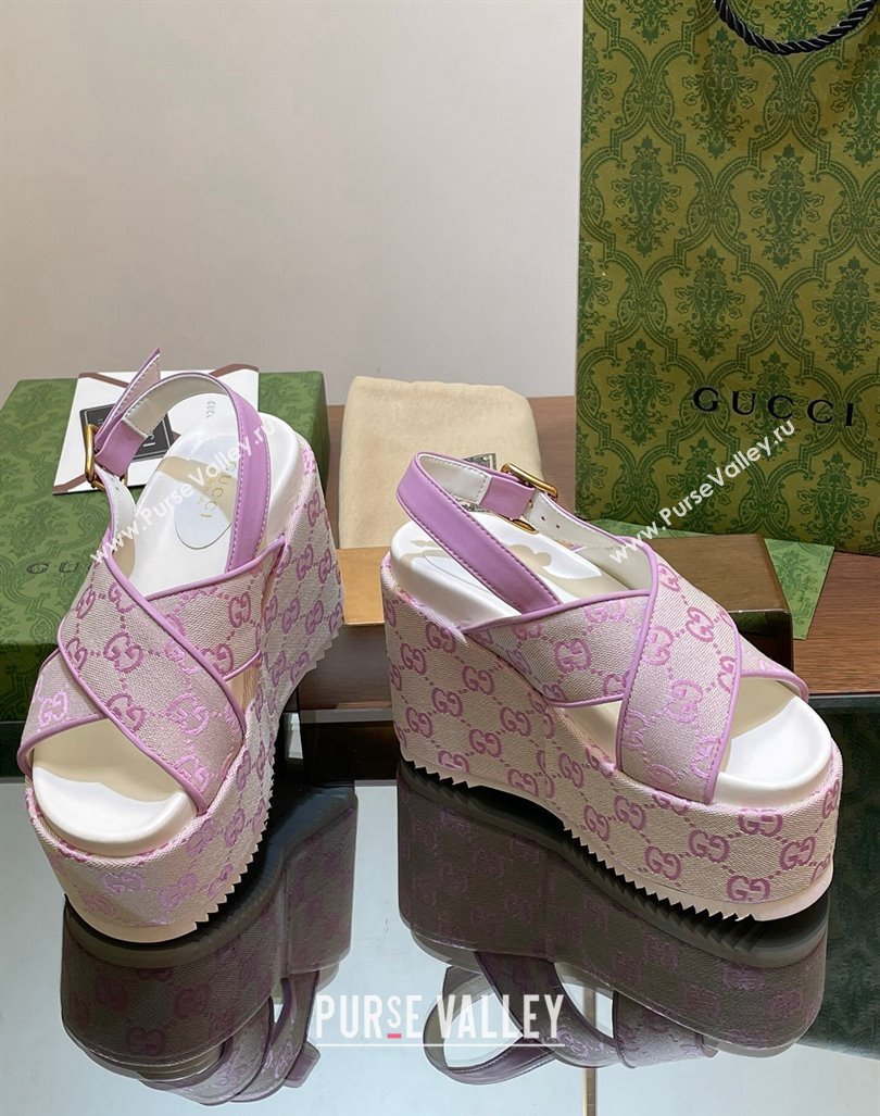 Gucci GG Denim Platform Wedge Sandals 12cm Purple 2024 0605 (MD-240605142)