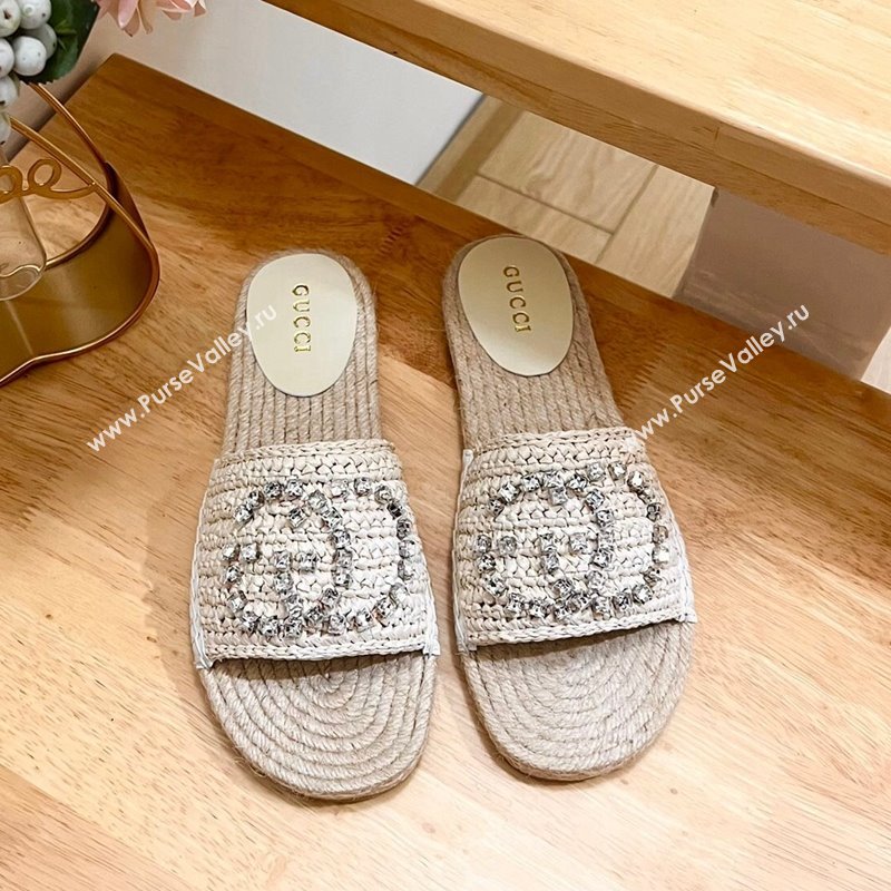 Gucci Strass Interlocking G Espadrille Flat Slides Sandal Pale Beige 2024 780589 (HB-240605094)