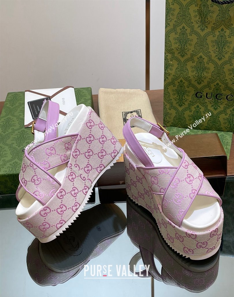 Gucci GG Denim Platform Wedge Sandals 12cm Purple 2024 0605 (MD-240605142)