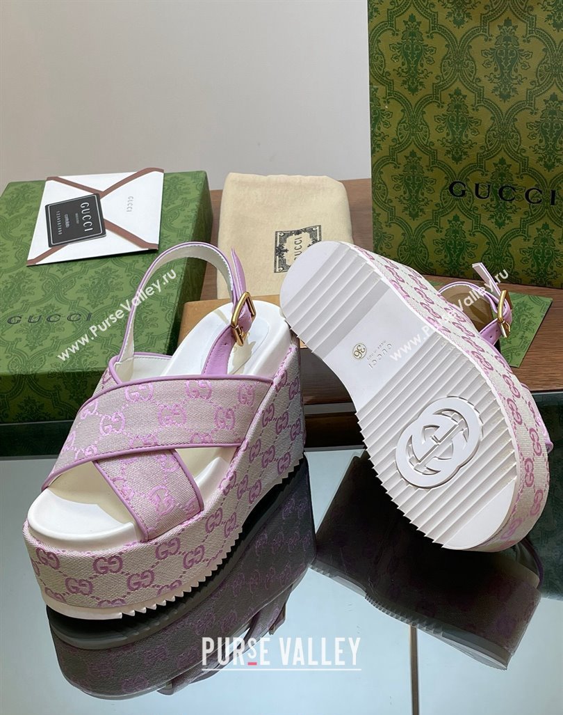 Gucci GG Denim Platform Wedge Sandals 12cm Purple 2024 0605 (MD-240605142)