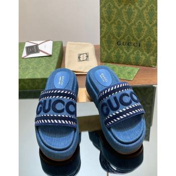 Gucci GG Denim Platform Slides Sandal 5.5cm with GUCCI Script Blue 2024 (MD-240605143)