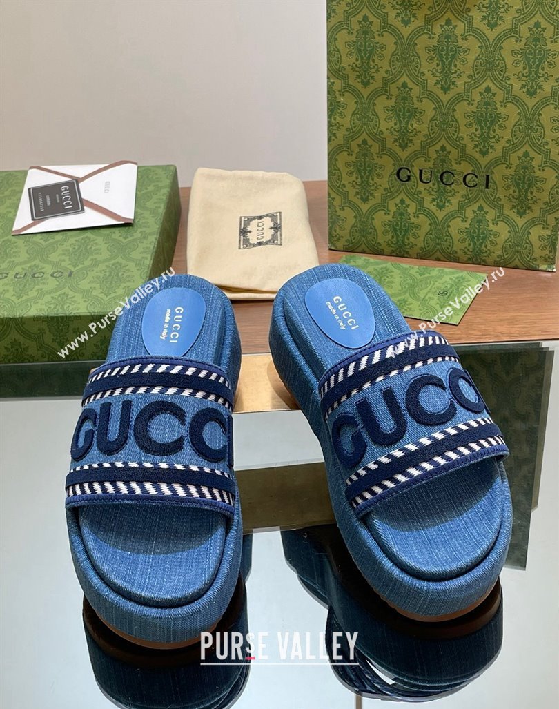 Gucci GG Denim Platform Slides Sandal 5.5cm with GUCCI Script Blue 2024 (MD-240605143)