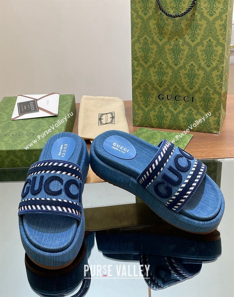 Gucci GG Denim Platform Slides Sandal 5.5cm with GUCCI Script Blue 2024 (MD-240605143)