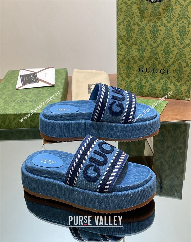 Gucci GG Denim Platform Slides Sandal 5.5cm with GUCCI Script Blue 2024 (MD-240605143)