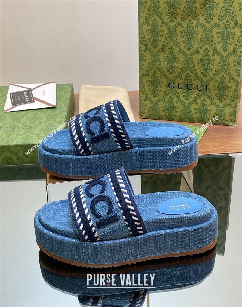 Gucci GG Denim Platform Slides Sandal 5.5cm with GUCCI Script Blue 2024 (MD-240605143)