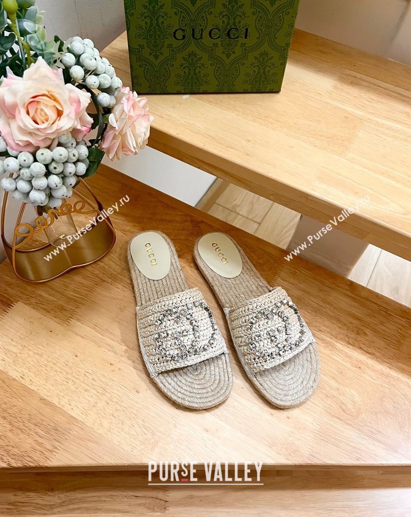 Gucci Strass Interlocking G Espadrille Flat Slides Sandal Pale Beige 2024 780589 (HB-240605094)