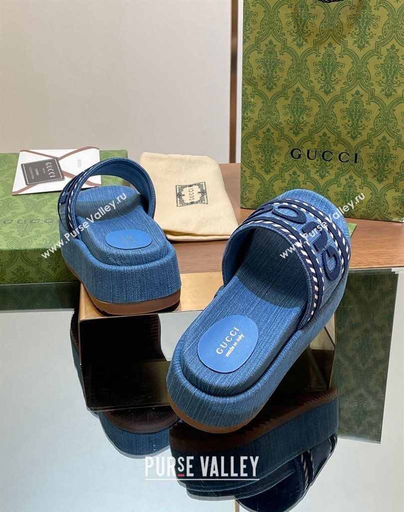 Gucci GG Denim Platform Slides Sandal 5.5cm with GUCCI Script Blue 2024 (MD-240605143)