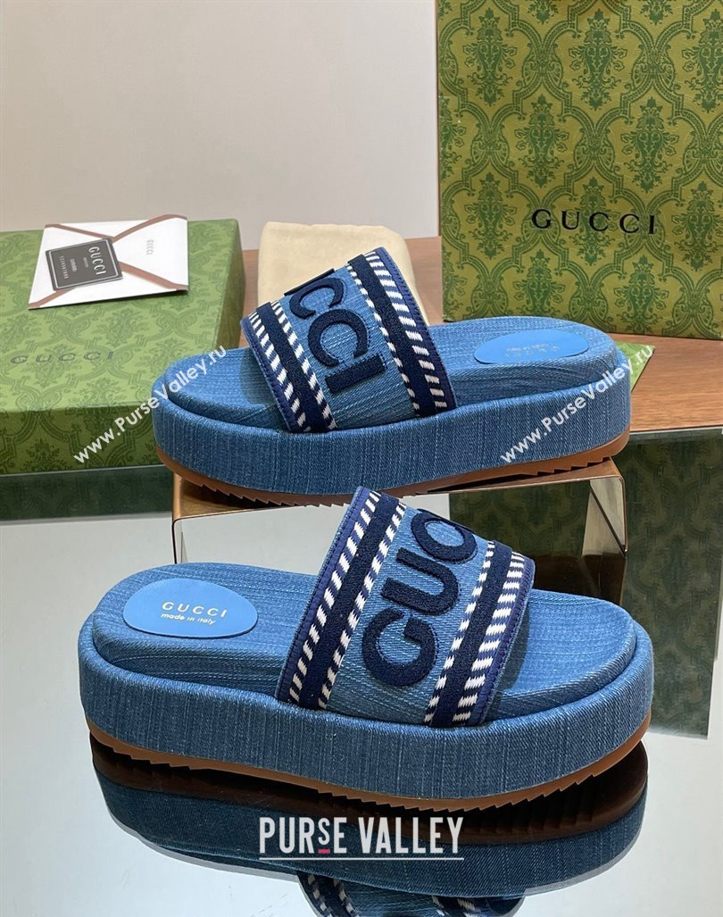 Gucci GG Denim Platform Slides Sandal 5.5cm with GUCCI Script Blue 2024 (MD-240605143)