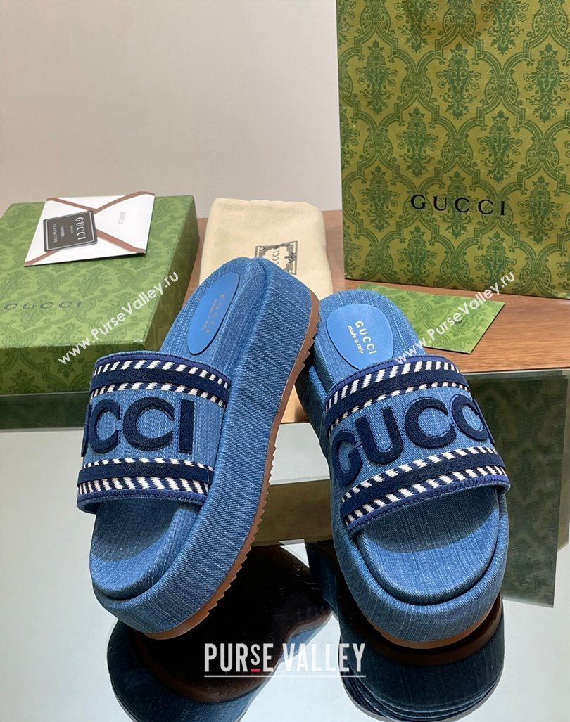 Gucci GG Denim Platform Slides Sandal 5.5cm with GUCCI Script Blue 2024 (MD-240605143)