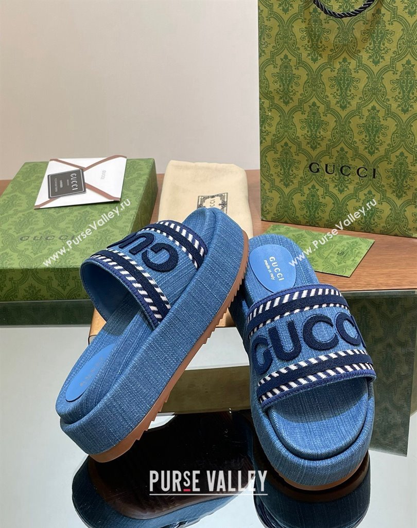 Gucci GG Denim Platform Slides Sandal 5.5cm with GUCCI Script Blue 2024 (MD-240605143)