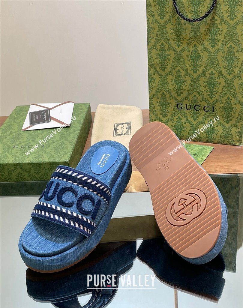 Gucci GG Denim Platform Slides Sandal 5.5cm with GUCCI Script Blue 2024 (MD-240605143)