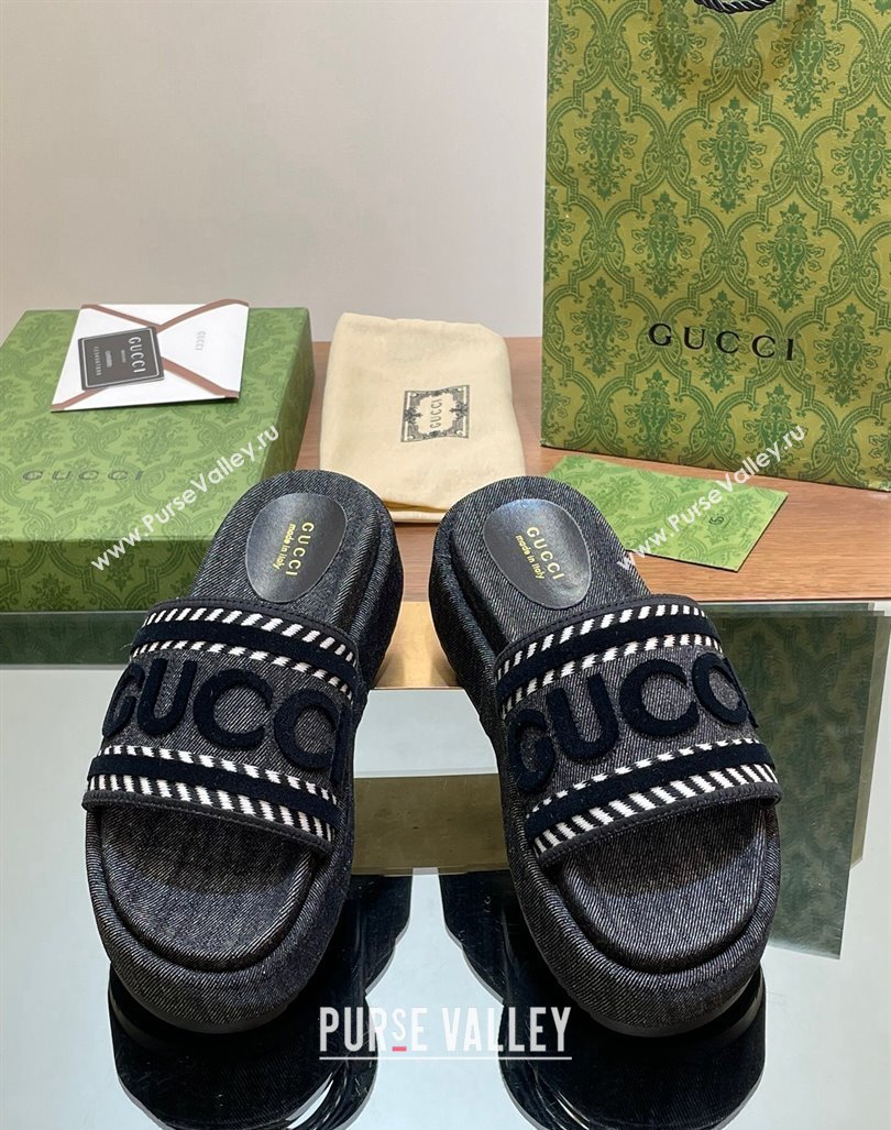 Gucci GG Denim Platform Slides Sandal 5.5cm with GUCCI Script Black 2024 (MD-240605144)