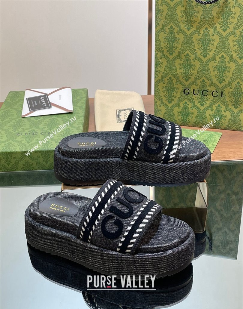 Gucci GG Denim Platform Slides Sandal 5.5cm with GUCCI Script Black 2024 (MD-240605144)