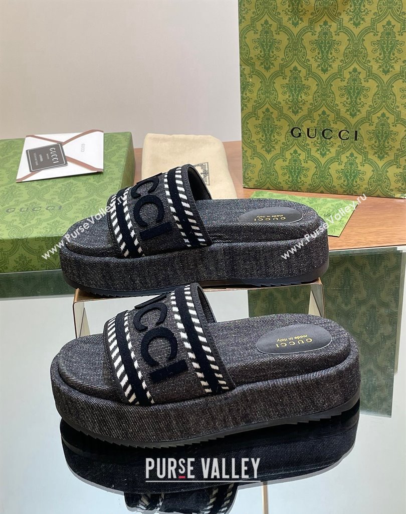 Gucci GG Denim Platform Slides Sandal 5.5cm with GUCCI Script Black 2024 (MD-240605144)