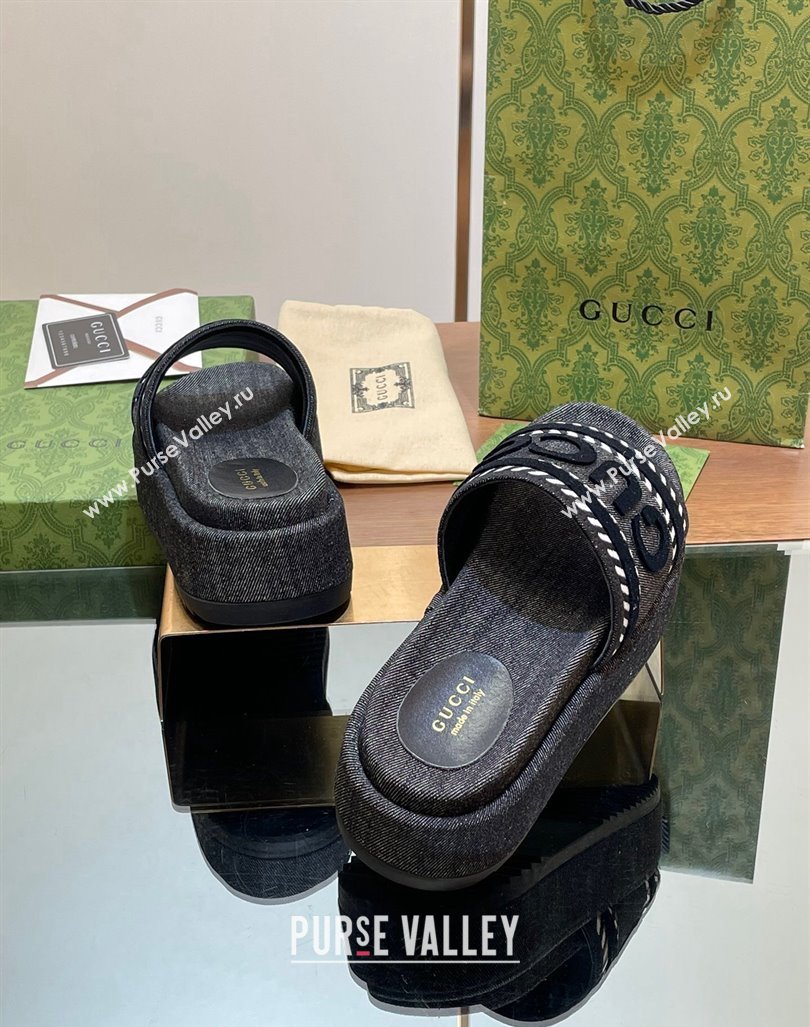 Gucci GG Denim Platform Slides Sandal 5.5cm with GUCCI Script Black 2024 (MD-240605144)