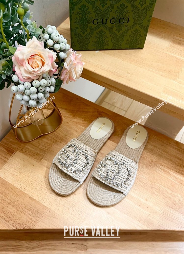 Gucci Strass Interlocking G Espadrille Flat Slides Sandal Pale Beige 2024 780589 (HB-240605094)