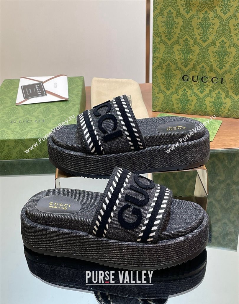 Gucci GG Denim Platform Slides Sandal 5.5cm with GUCCI Script Black 2024 (MD-240605144)