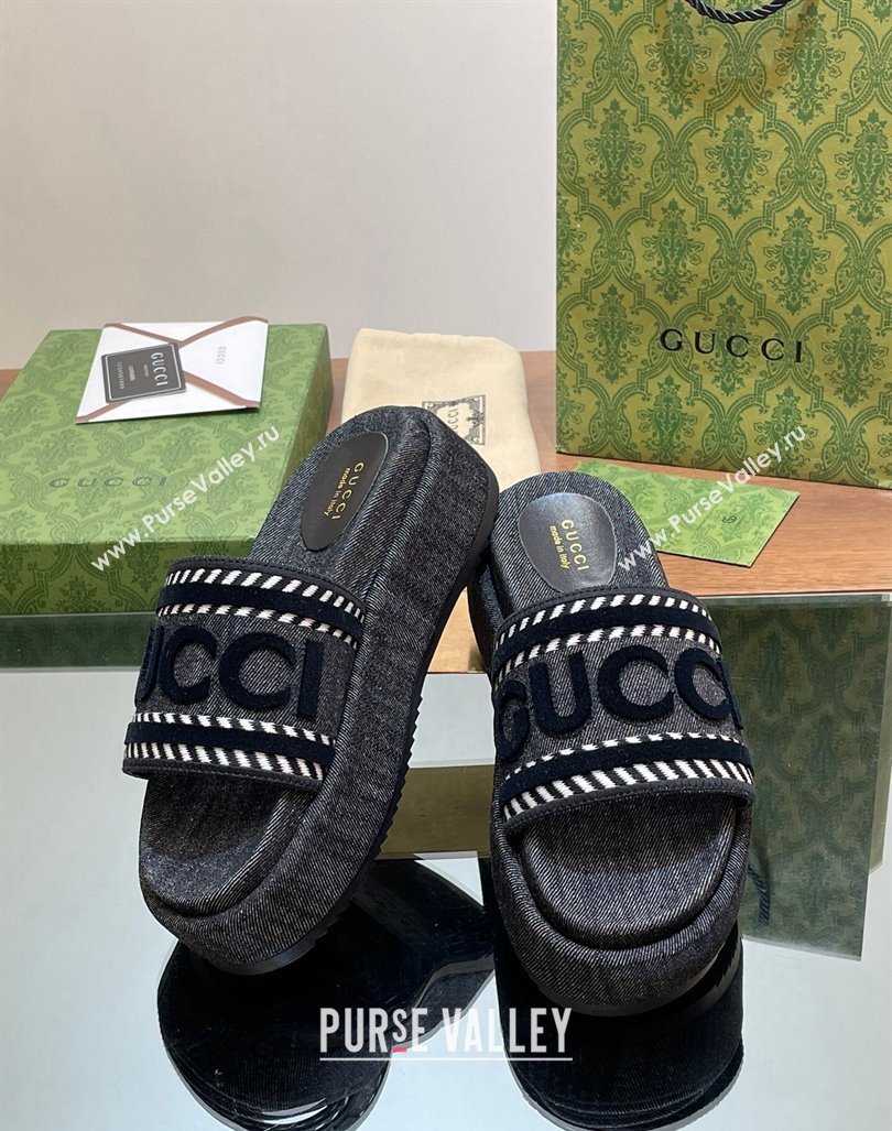 Gucci GG Denim Platform Slides Sandal 5.5cm with GUCCI Script Black 2024 (MD-240605144)