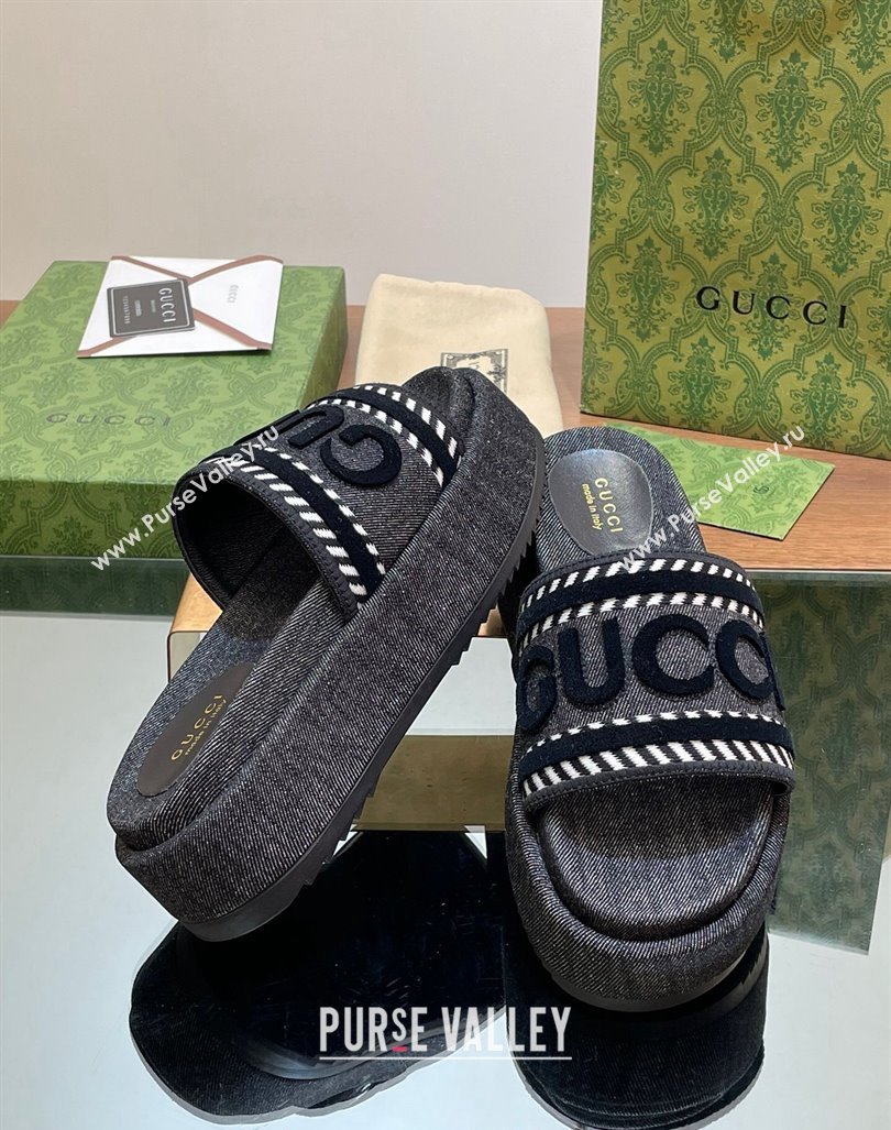 Gucci GG Denim Platform Slides Sandal 5.5cm with GUCCI Script Black 2024 (MD-240605144)