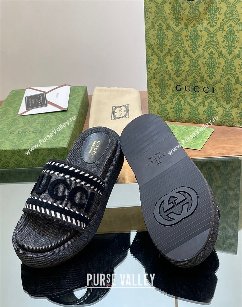 Gucci GG Denim Platform Slides Sandal 5.5cm with GUCCI Script Black 2024 (MD-240605144)