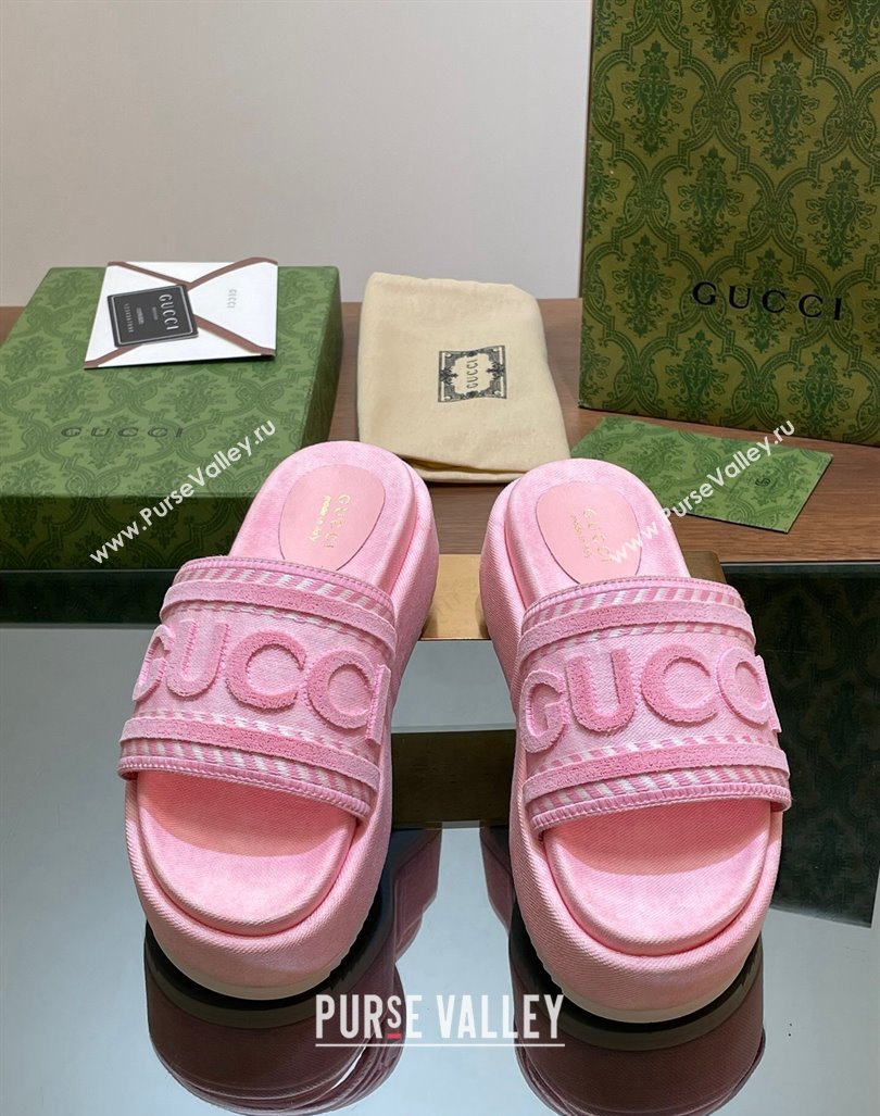 Gucci GG Denim Platform Slides Sandal 5.5cm with GUCCI Script Pink 2024 (MD-240605145)