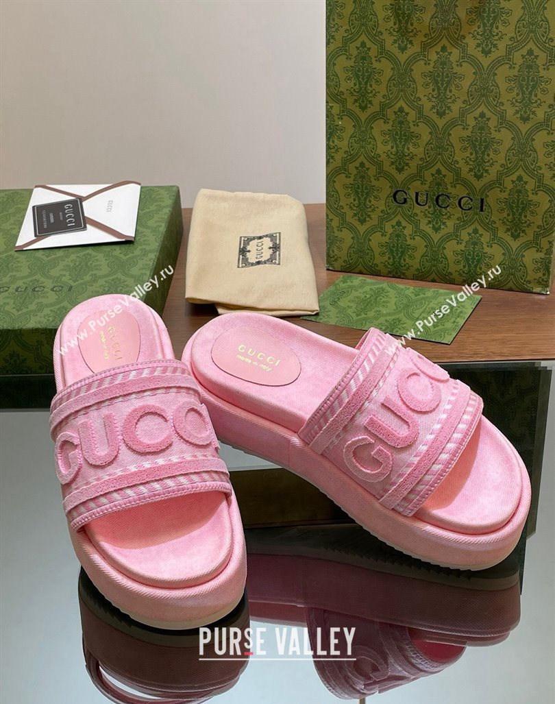 Gucci GG Denim Platform Slides Sandal 5.5cm with GUCCI Script Pink 2024 (MD-240605145)