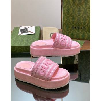 Gucci GG Denim Platform Slides Sandal 5.5cm with GUCCI Script Pink 2024 (MD-240605145)