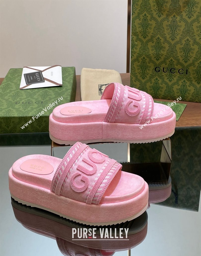 Gucci GG Denim Platform Slides Sandal 5.5cm with GUCCI Script Pink 2024 (MD-240605145)