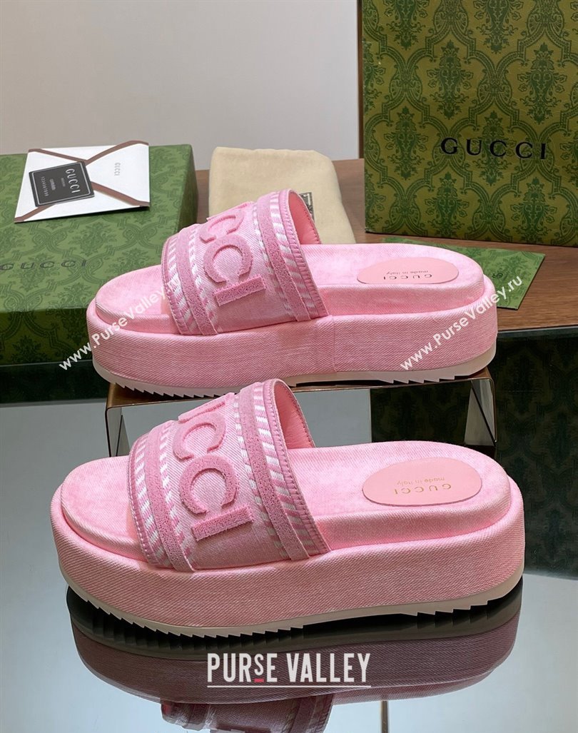 Gucci GG Denim Platform Slides Sandal 5.5cm with GUCCI Script Pink 2024 (MD-240605145)