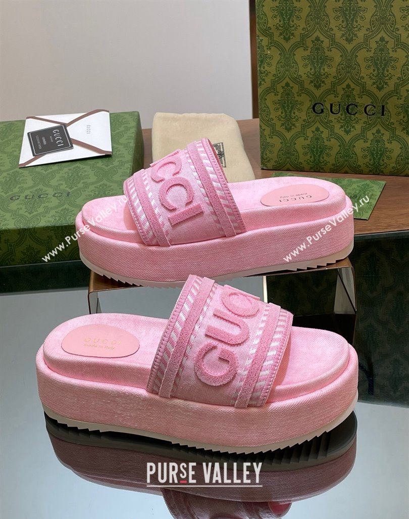 Gucci GG Denim Platform Slides Sandal 5.5cm with GUCCI Script Pink 2024 (MD-240605145)