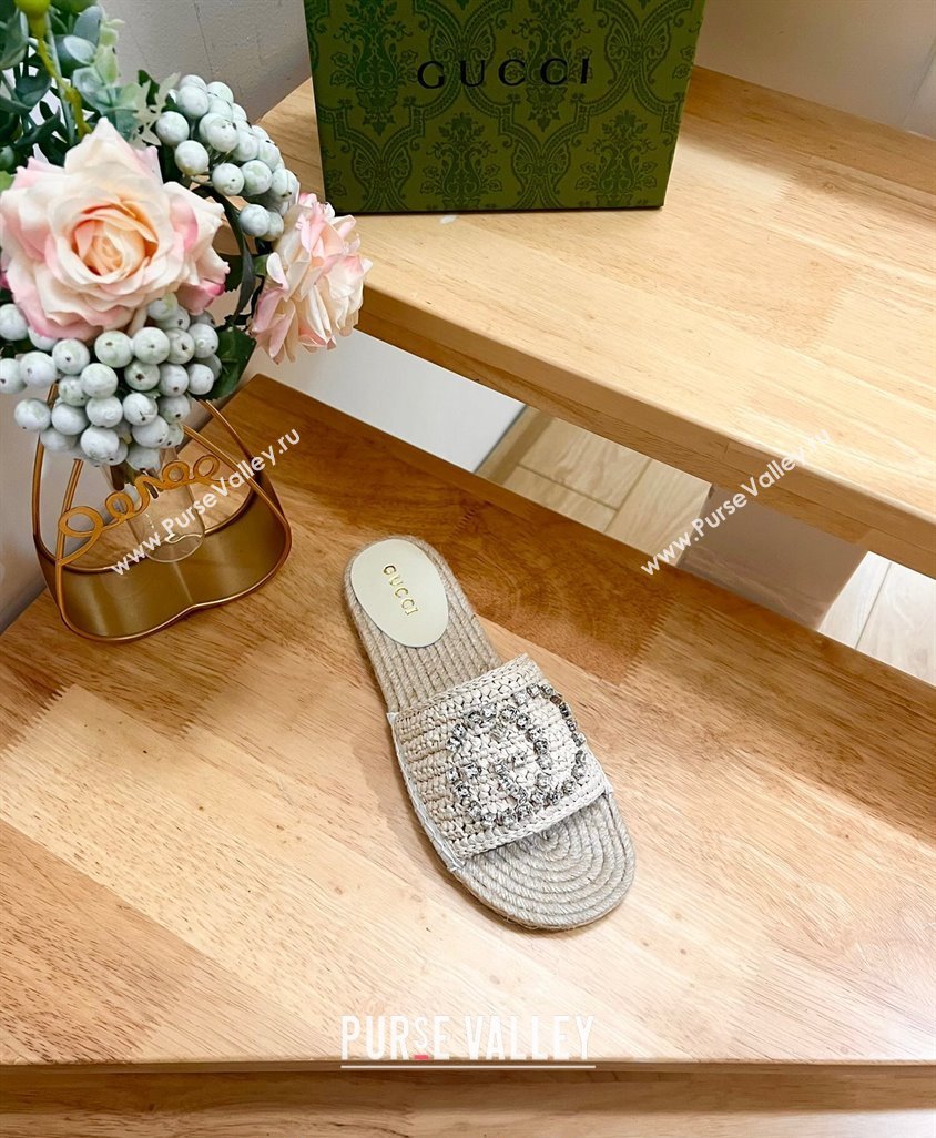 Gucci Strass Interlocking G Espadrille Flat Slides Sandal Pale Beige 2024 780589 (HB-240605094)